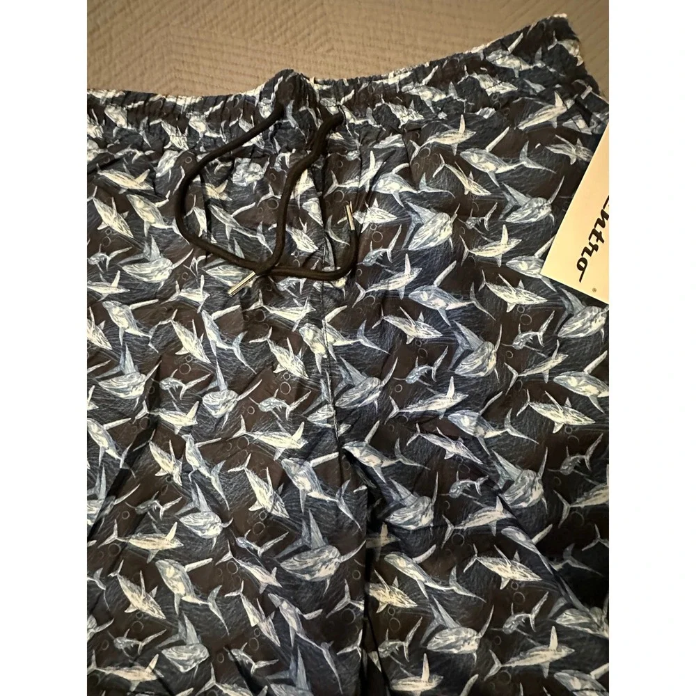 Centro Mens Swim Trunks Navy White Shark Print Shorts MS1004 Large NWT